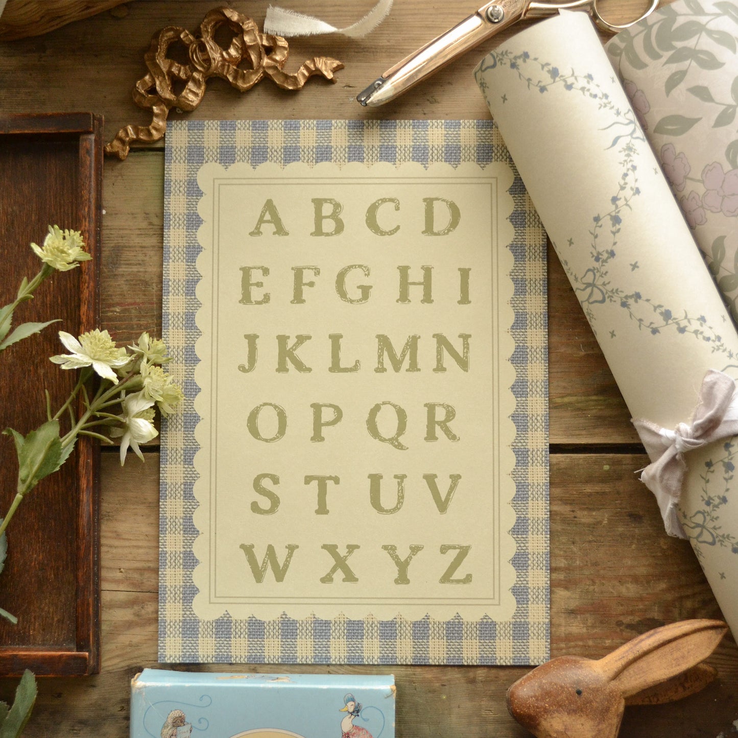 Blue Cottage Gingham Children's Alphabet Art Print