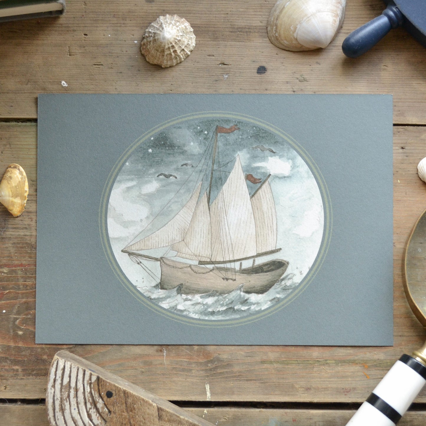 Vintage Ship Art Print in Blue