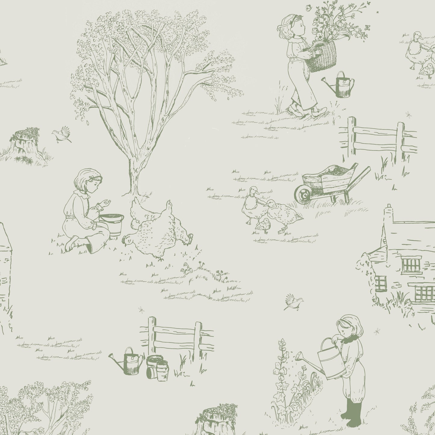 LITTLE COTTAGE GARDEN WALLPAPER IN GREEN