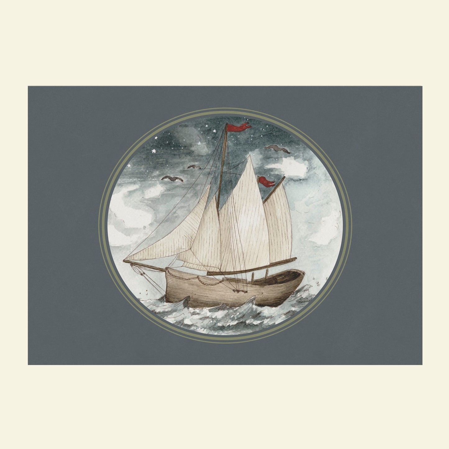 Vintage Ship Art Print in Blue
