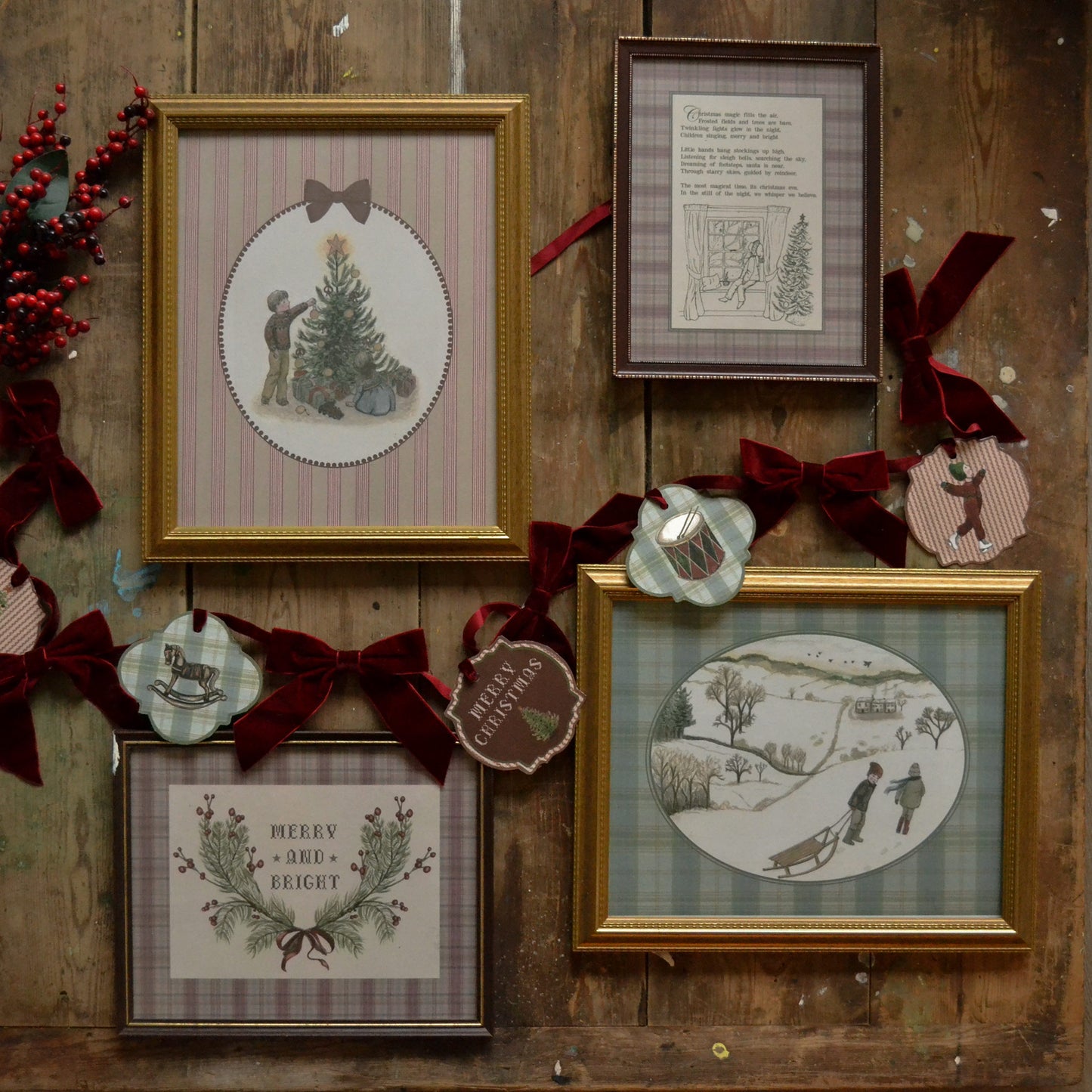 DIGITAL DOWNLOAD Set of Four Christmas Art Prints and DIY Paper Garland