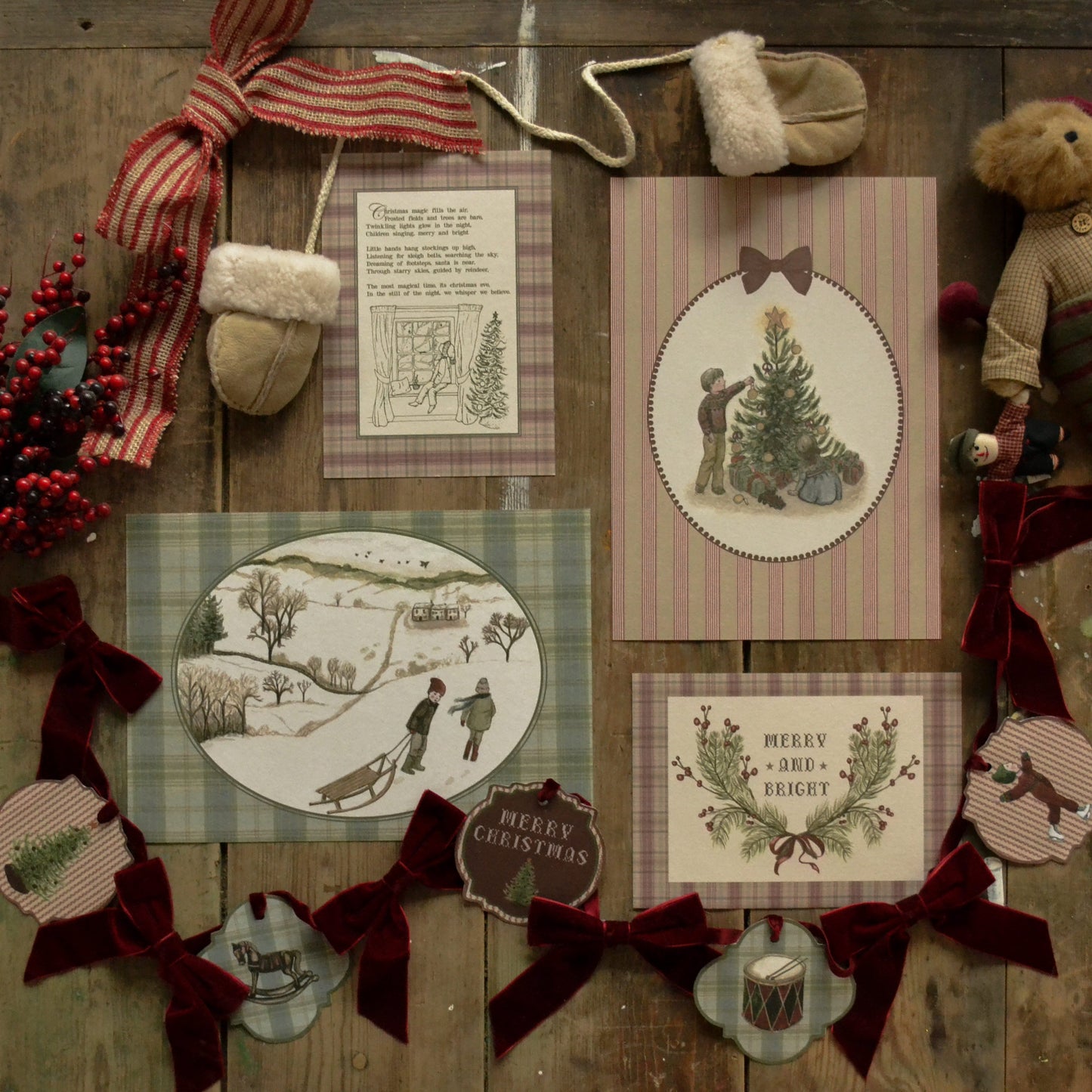 DIGITAL DOWNLOAD Set of Four Christmas Art Prints and DIY Paper Garland