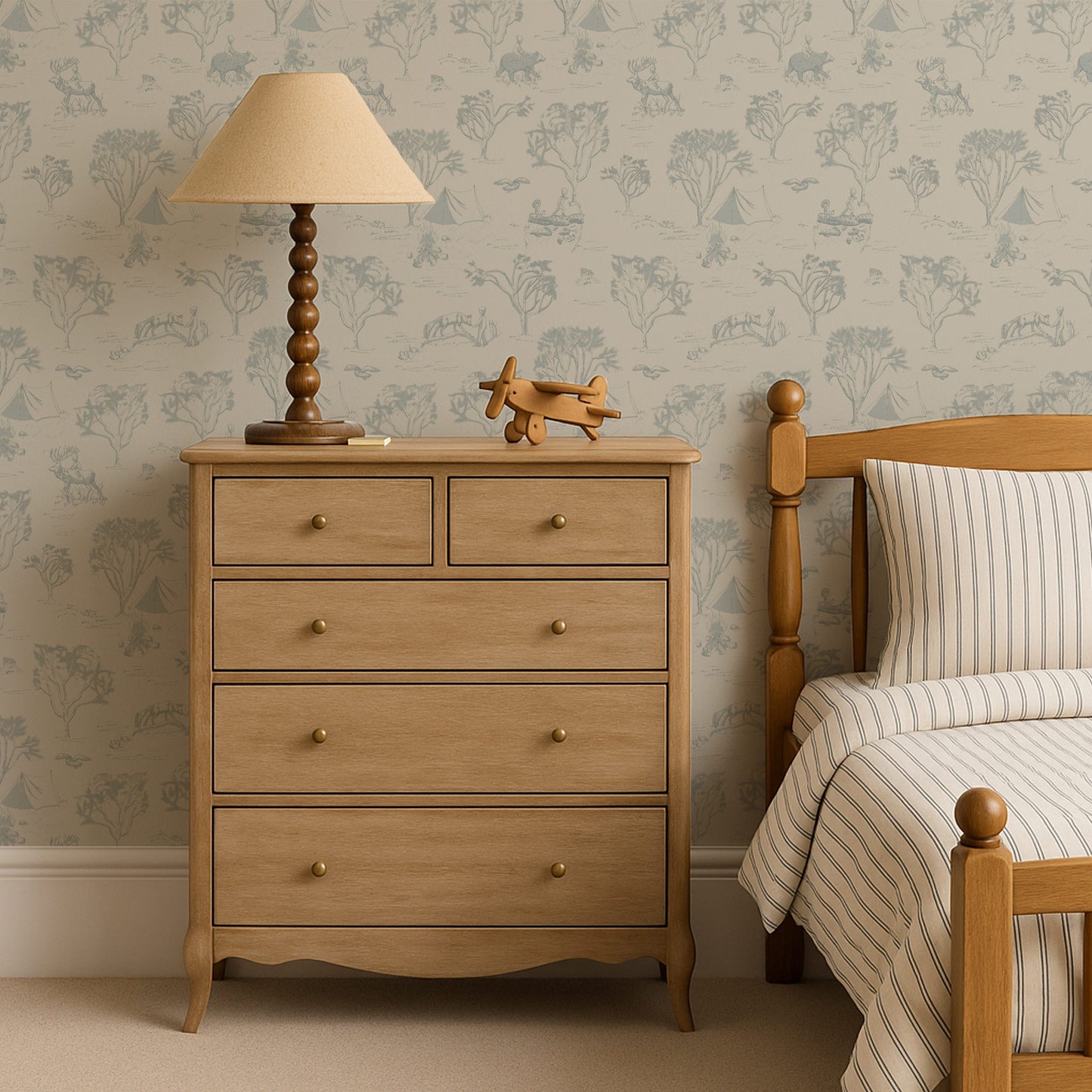 Forest Adventure Toile De Jouy Wallpaper in Dusty Blue