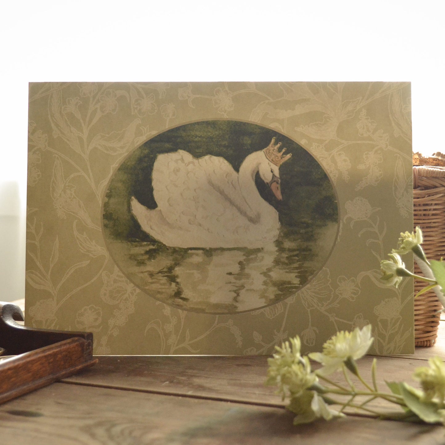 Vintage Style Swan with Wildflower Border Children's Art Print