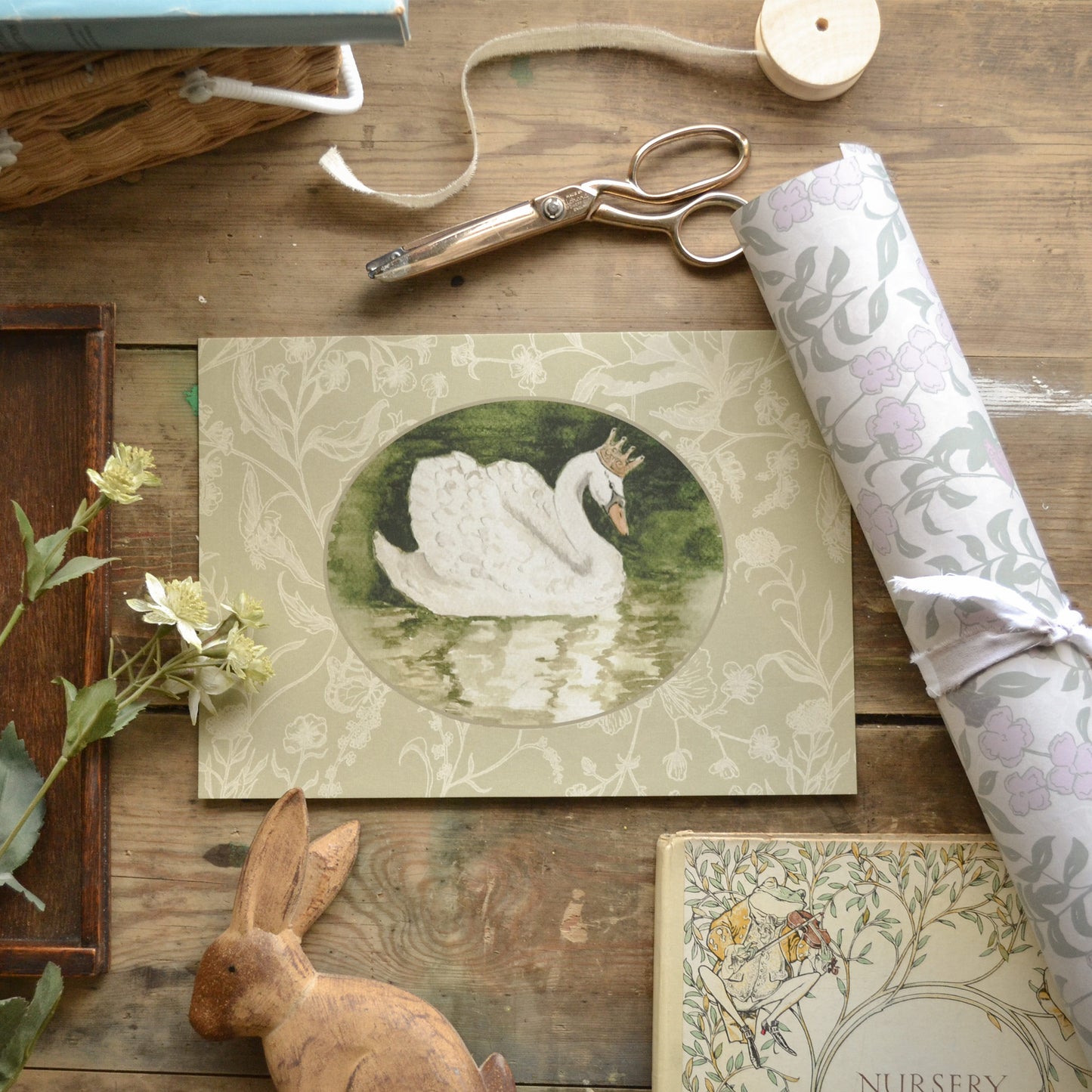 Vintage Style Swan with Wildflower Border Children's Art Print