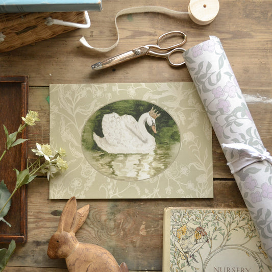 Vintage Style Swan with Wildflower Border Children's Art Print