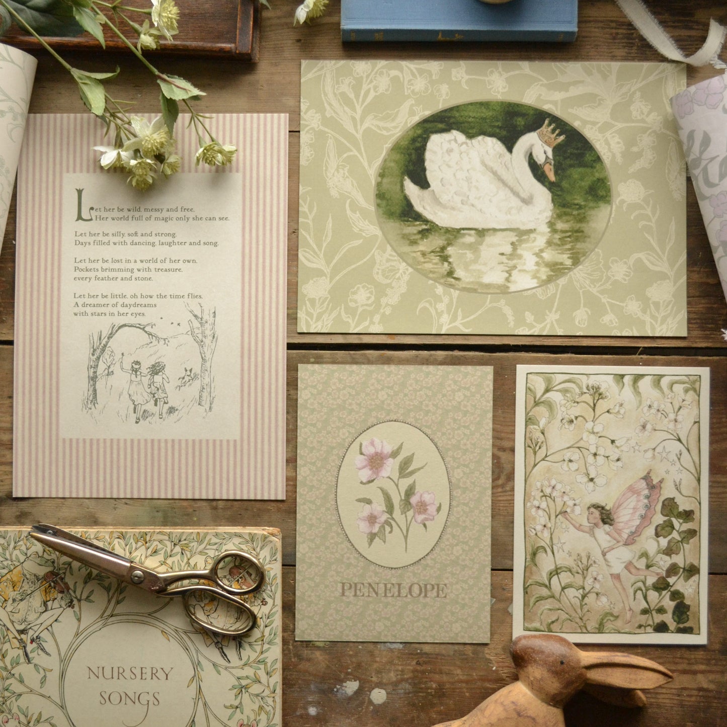 Vintage Style Swan with Wildflower Border Children's Art Print